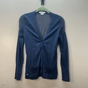Lacoste Women’s Preppy Button Up Cardigan Navy Blue Silk Back Sheer Sz 32 XXS